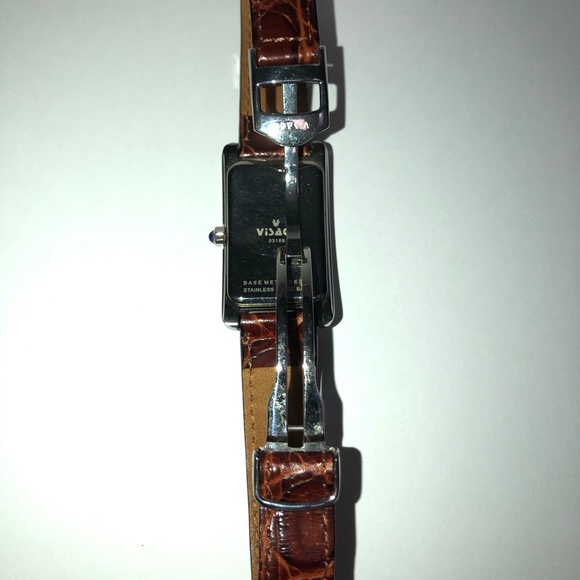 VISAGE Polished Nickel Scallop Face Brown Leather Vintage Analog Tank Watch EUC - Picture 13 of 16